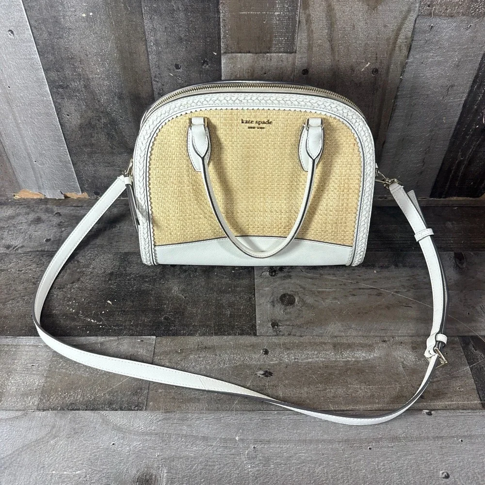 KATE SPADE Reiley Straw Dome Satchel Crossbody Off White Leather Braided Trim